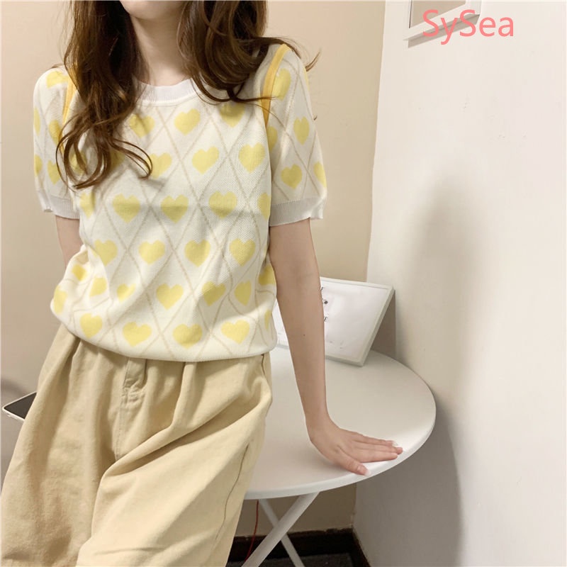 Áo Dệt Kim Cổ Tròn Họa Tiết Trái Tim Thời Trang Mùa Hè Pháp Cho Nữ