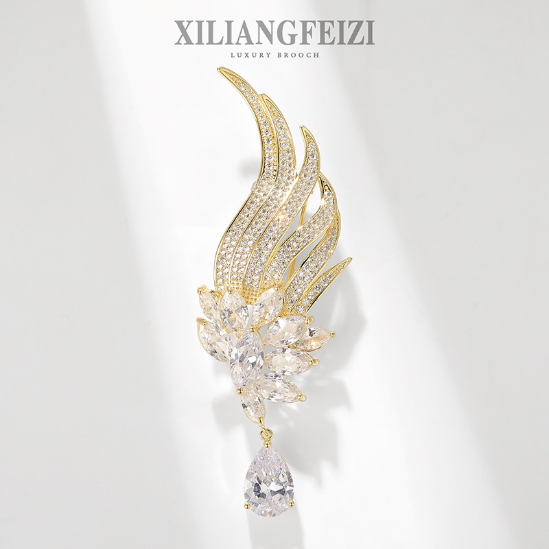 XILIANGFEIZI Trâm Cài Áo Hình Cánh Lông vũ Đính Đá Zircon Cao Cấp Phụ Kiện Quần Áo Thời Trang Quà Tặng Nữ