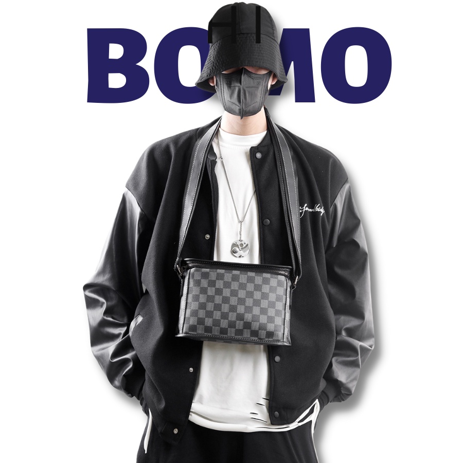 Túi đeo chéo đeo vai nam dạng hộp vuông ngăn siêu rộng da pu đen trơn kẻ caro cao cấp chống nước thời trang BOMO