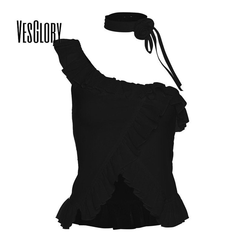 Áo kiểu VESGLORY lệch vai cổ chữ u màu trơn thời trang quyến rũ cho nữ
