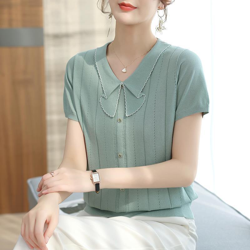 Áo Thun Lụa Lạnh Mỏng Tay Ngắn Cổ Búp Bê Phong Cách Hàn Quốc Thời Trang Mùa Hè Hàng Mới Dành Cho Bạn Nữ