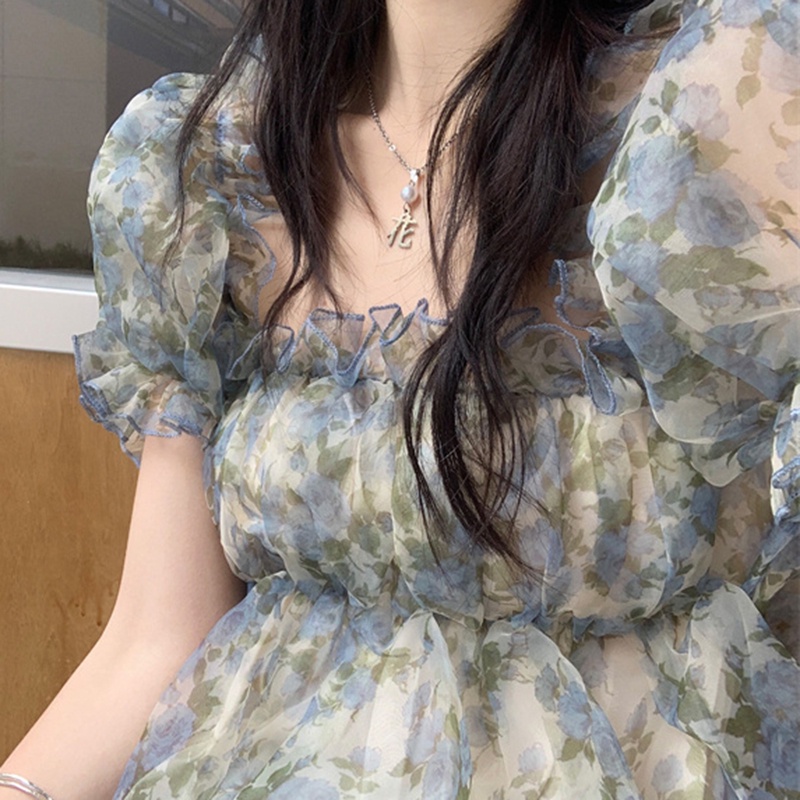 IELGY Áo chiffon Trễ Vai In Họa Tiết Hoa Phong Cách Pháp Ngọt Ngào Thời Trang Cho Nữ