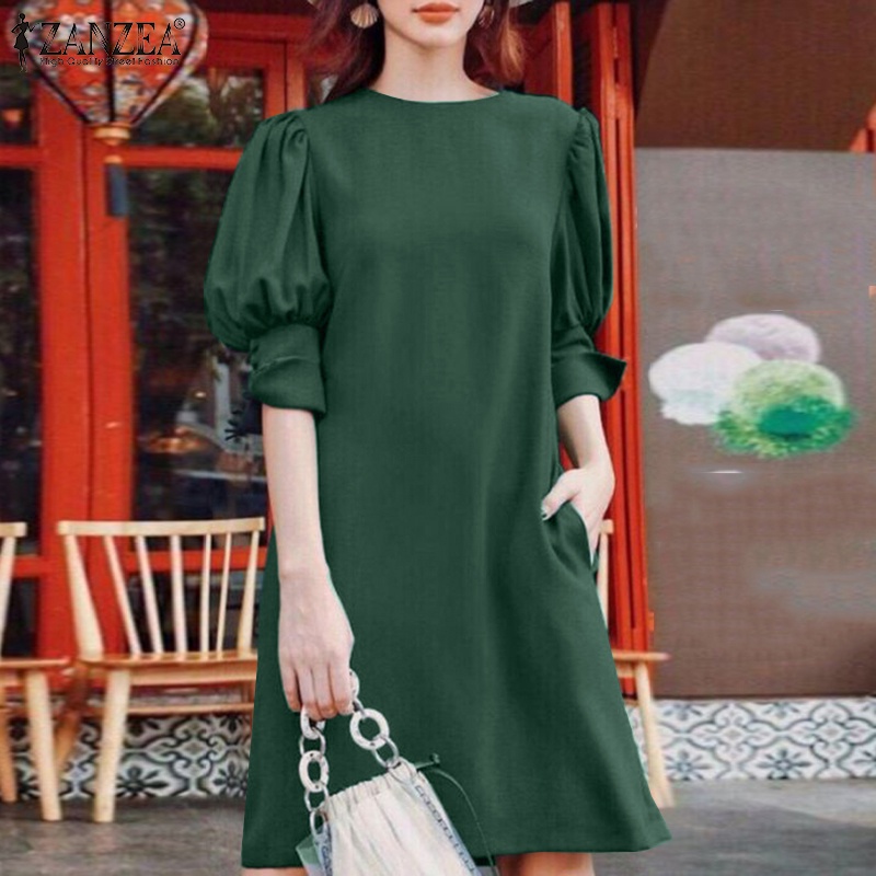 Đầm ZANZEA tay phồng cổ tròn màu trơn phong cách châu Âu thời trang cho nữ