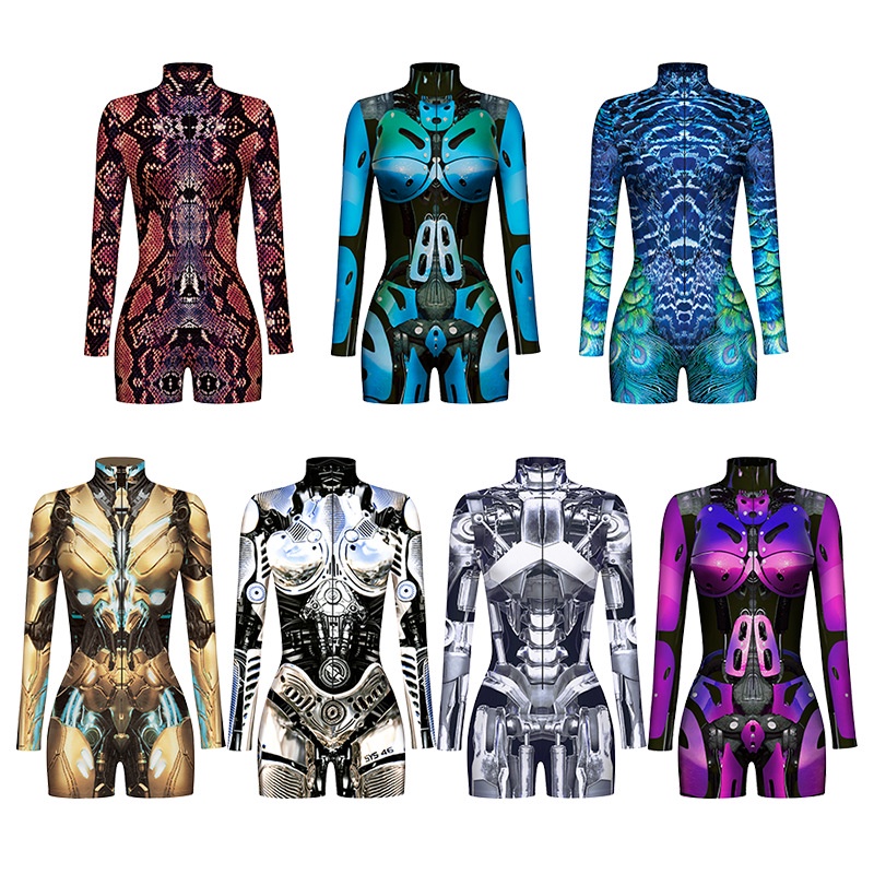 Bộ Áo Liền Quần Hóa Trang Robot Punk 3D Tay Dài Dáng Ôm Co Giãn Dành Cho Nam Nữ