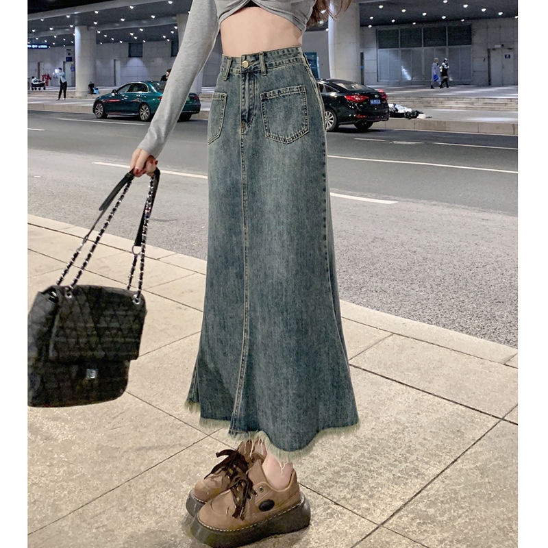 Chân váy jean Đuôi Cá Dáng Chữ A Viền Thô Phong Cách Vintage Thời Trang Mùa Hè Dành Cho Bạn Nữ