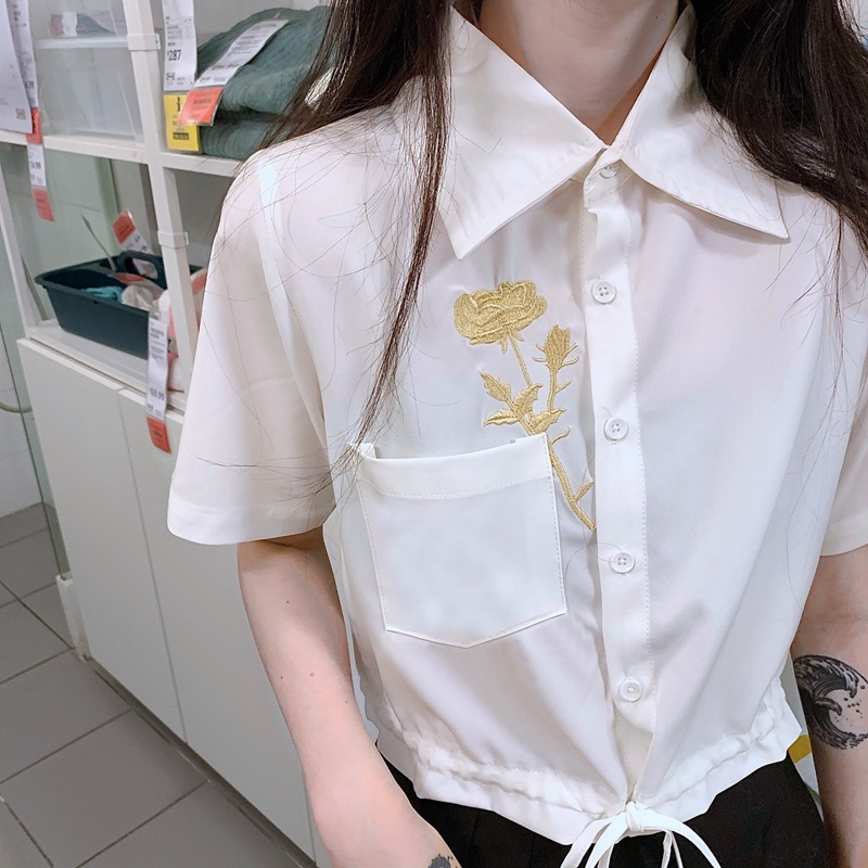 Áo Sơ Mi Crop top Tay Ngắn Thêu Họa Tiết Thời Trang Mùa Hè Hàng Mới Dành Cho Bạn Nữ