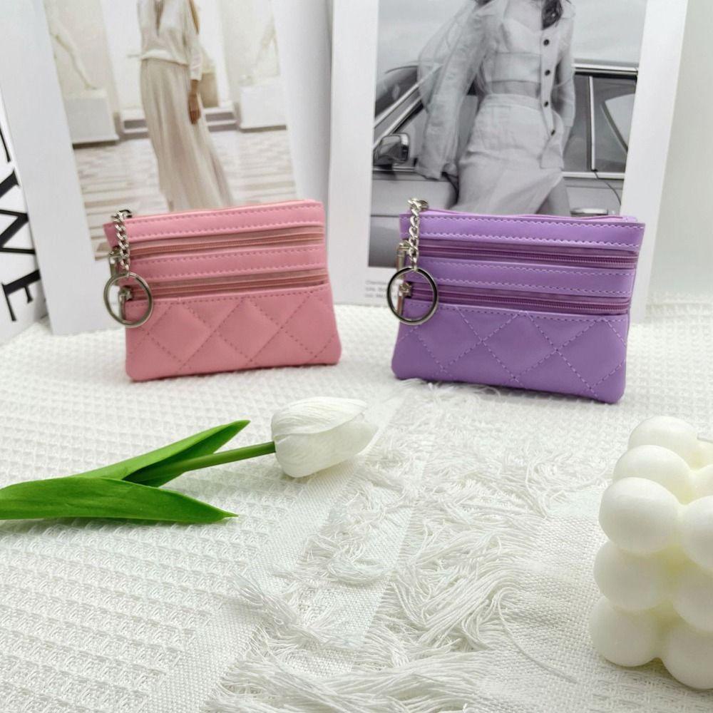 Fallforbeauty Túi Da PU Hai Ngăn Đựng Tiền Xu / Son Môi Đa Năng Có Khóa Kéo Họa Tiết Sọc Caro Phong Cách Hàn Quốc Giá Đỡ