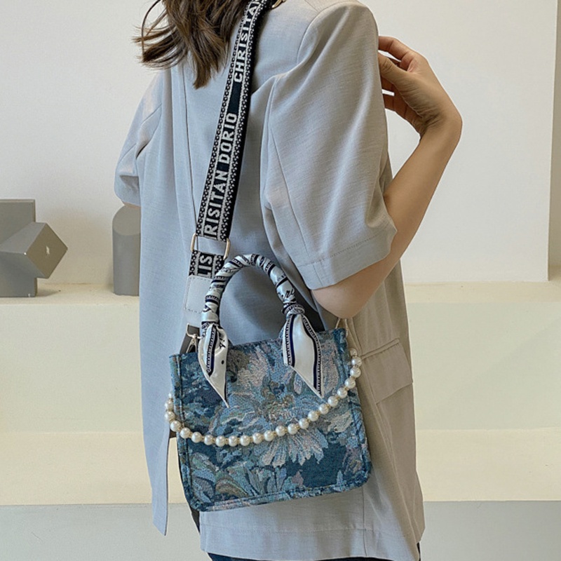 Ielgy Túi Xách Lụa Đeo Vai Sức Chứa Lớn Họa Tiết Tranh Sơn Dầu Đính Ngọc Trai Có Dây