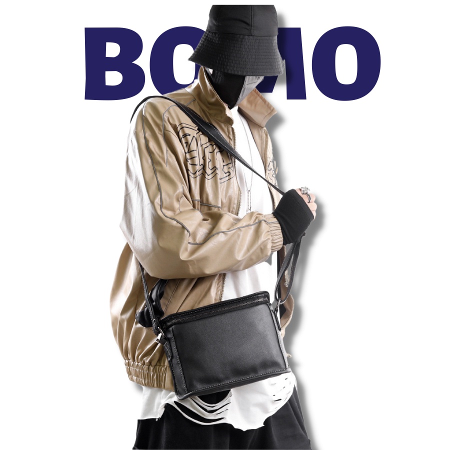 Túi đeo chéo đeo vai nam dạng hộp vuông ngăn siêu rộng da pu đen trơn kẻ caro cao cấp chống nước thời trang BOMO