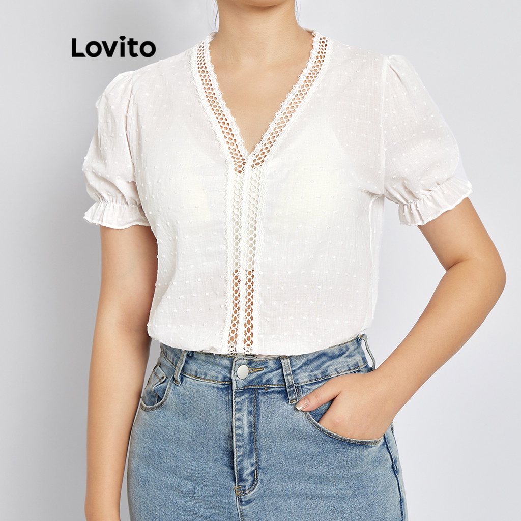 Áo Kiểu Nữ Tay Phồng Lovito Boho Phối Ren Tương Phản Swiss Dot L37LD060 (Trắng)