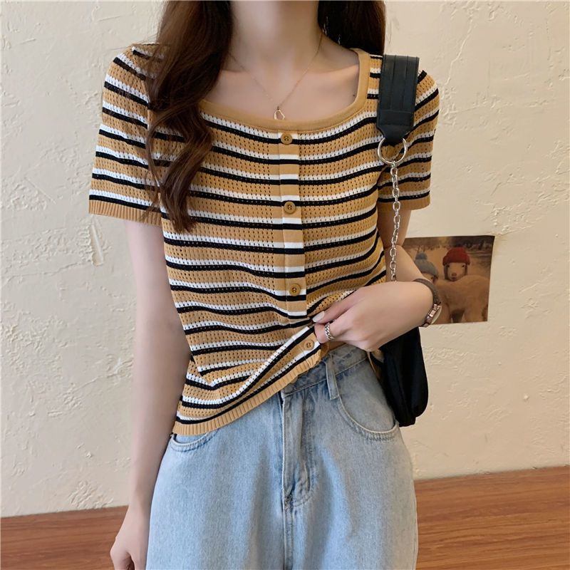 Áo Thun Dệt Kim Ngắn Tay Cổ Vuông Họa Tiết Kẻ Sọc Thời Trang Mùa Hè Mới