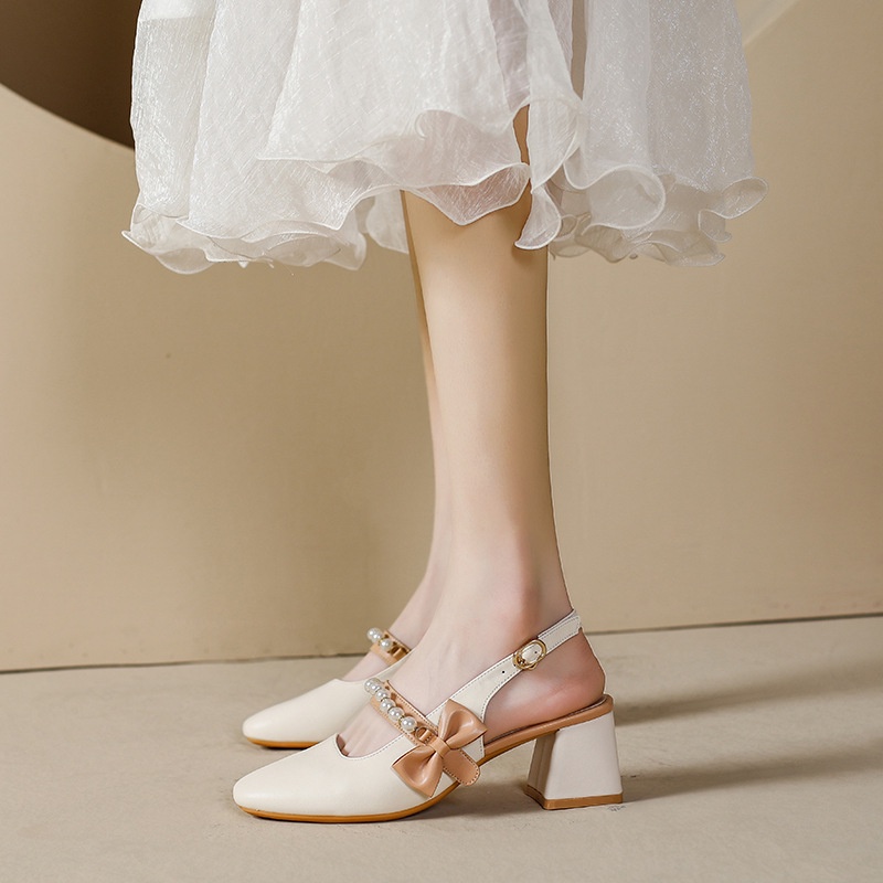 Giày Sandal Cao Gót Hở Mũi Đế Dày Thắt Nơ Sau Lưng Phong Cách Hàn Quốc