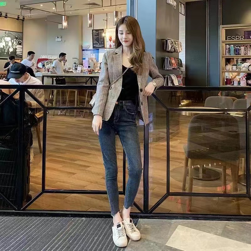 Áo Khoác Vest Ngắn Mỏng Kẻ Sọc Caro Thời Trang Mới Cho Nữ