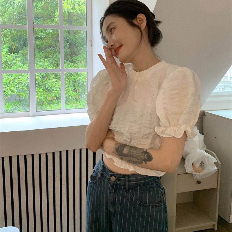 IELGY   Áo Sơ Mi Tay Phồng Màu Trắng Thiết Kế Đơn Giản Dành Cho Nữ