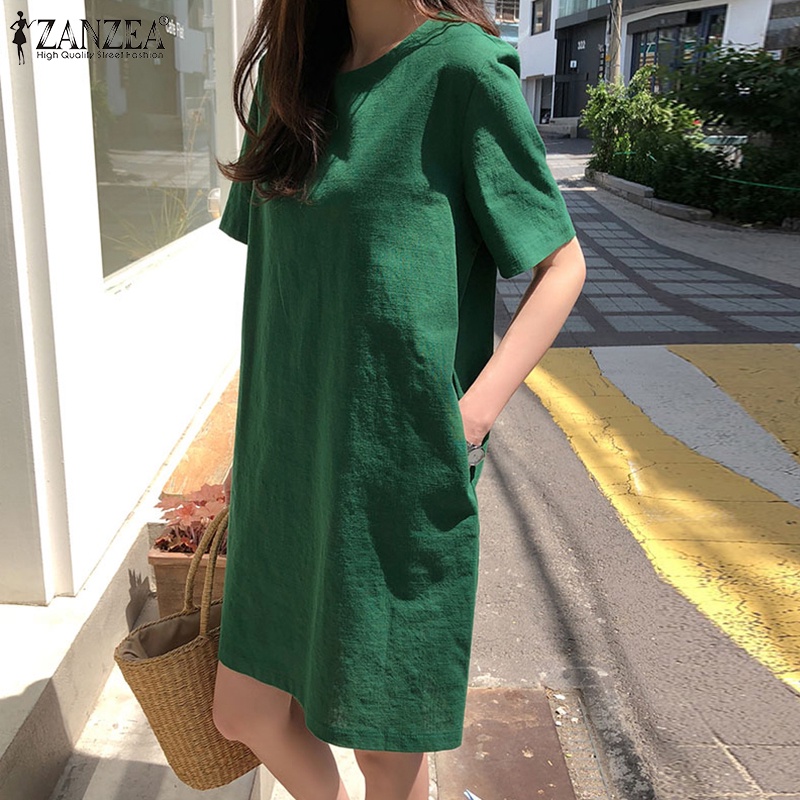 Đầm nữ ZANZEA ngắn tay cổ tròn lưng thắt nơ thời trang