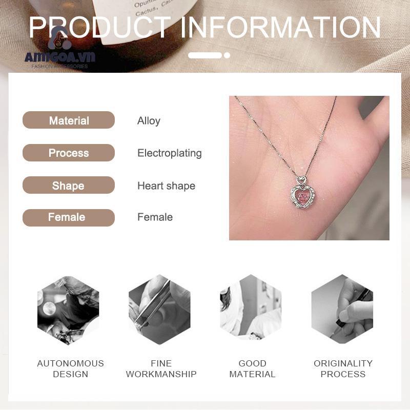 Vòng cổ Mặt Hình Trái Tim Đính Kim Cương Thông Minh Màu Hồng Dành Cho Nữ