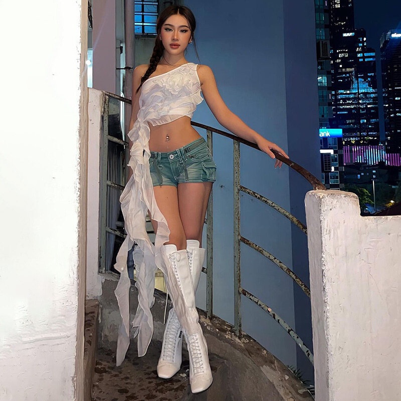 Áo Hai Dây Mỏng Ghép Vải In Hoa 3D Phối Bèo Thời Trang Mùa Hè Cho Nữ Y2K