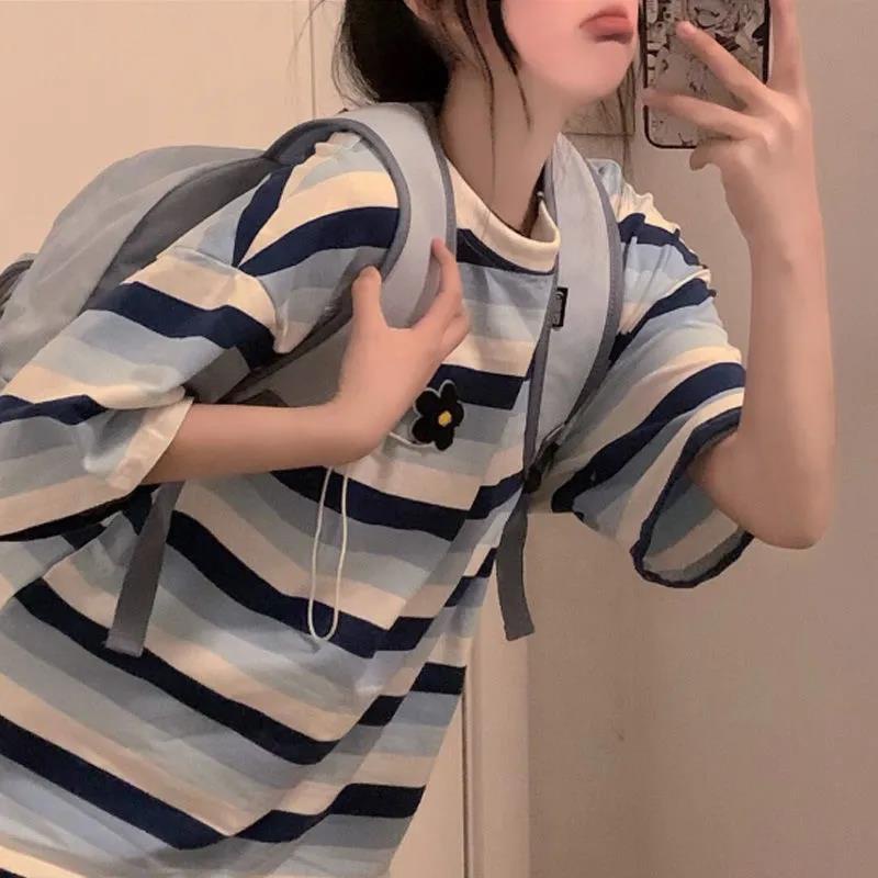 Áo Thun Tay Ngắn Dáng Rộng Họa Tiết Sọc Thêu Thiết Kế Mới Thời Trang Dành Cho Nữ