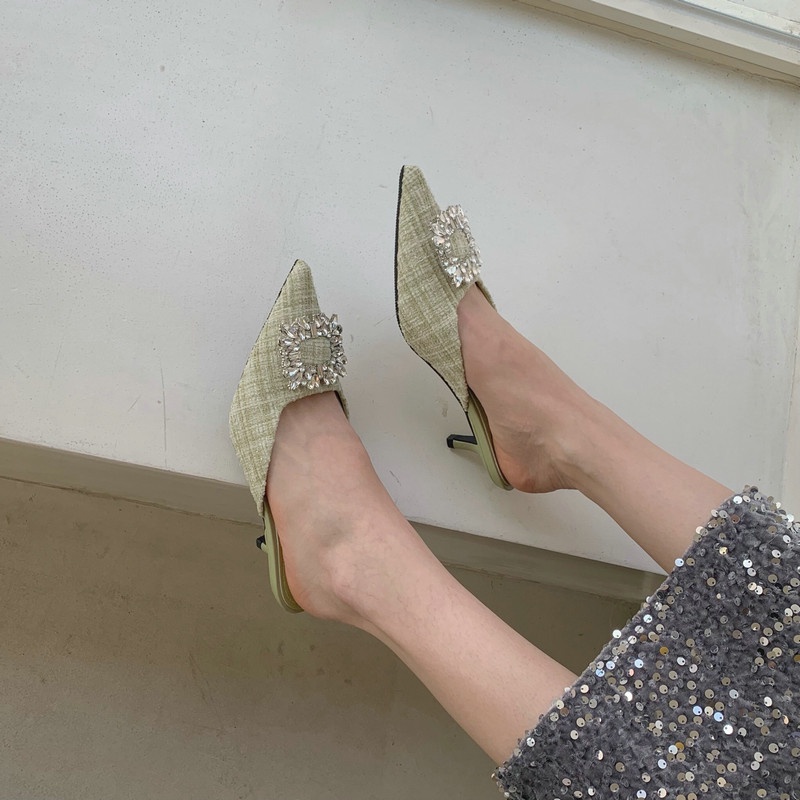 Dép Cao Gót Mũi Nhọn Đính Đá Thời Trang Dành Cho Nữ