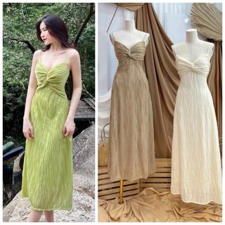 Đầm maxi 2 dây dạo phố chất thun xoắn ngực gợn sóng st8382