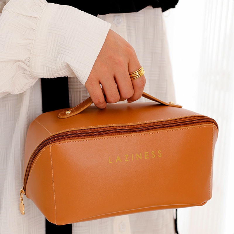 Túi Đựng Mỹ Phẩm Da Pu Màu Nâu Cỡ Lớn Thời Trang Tiện Dụng Mang Theo Du Lịch Cho Nữ