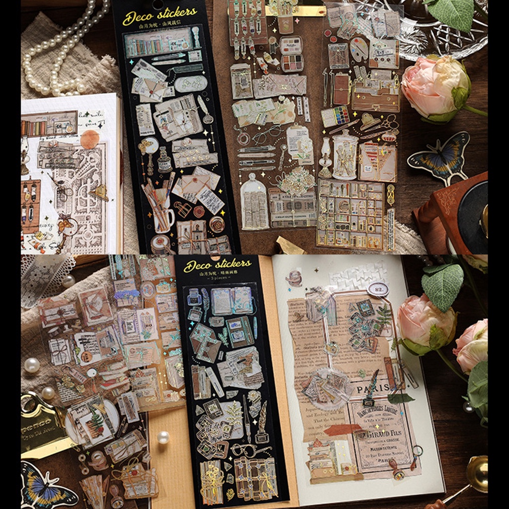Set 3 tấm sticker PET lấp lánh mẫu các loại văn phòng phẩm lấp lánh