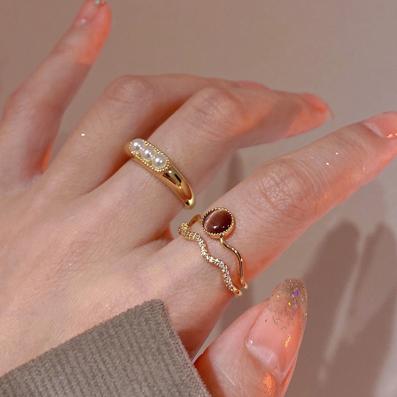 Nhẫn Đính Hôn Thép Titan Mạ Vàng Đính Đá Opal Đỏ Phong Cách Hàn Quốc Thời Trang Cho Nữ