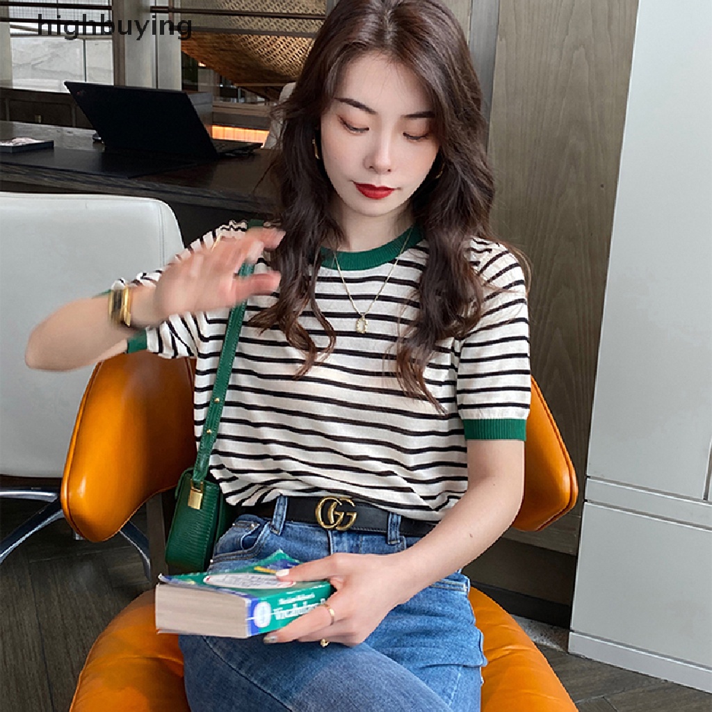 Áo Thun Dệt Kim Tay Ngắn Cổ Tròn Họa Tiết Kẻ Sọc Thời Trang Mùa Hè Cho Nữ