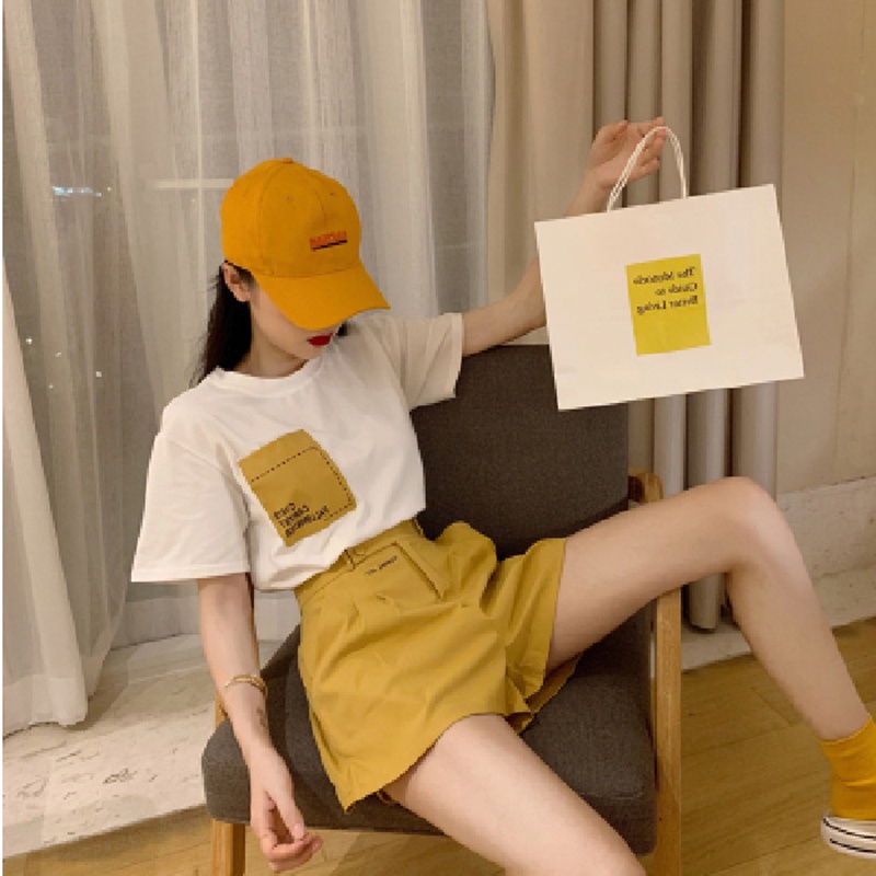 IELGY Set Áo Thun Ngắn Tay + Quần short Lưng Cao Thời Trang Nữ