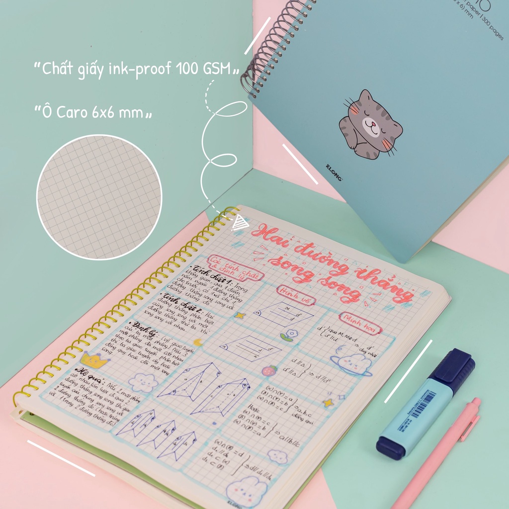 Sổ A4 300 trang caro 6x6mm lò xo đơn Klong MS 591 tập bìa Doodle dễ thương - BUTDEP.NET