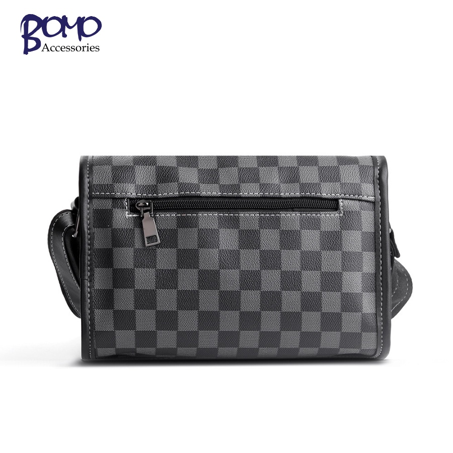 Túi đeo chéo đeo vai nam dạng hộp vuông ngăn siêu rộng da pu đen trơn kẻ caro cao cấp chống nước thời trang BOMO