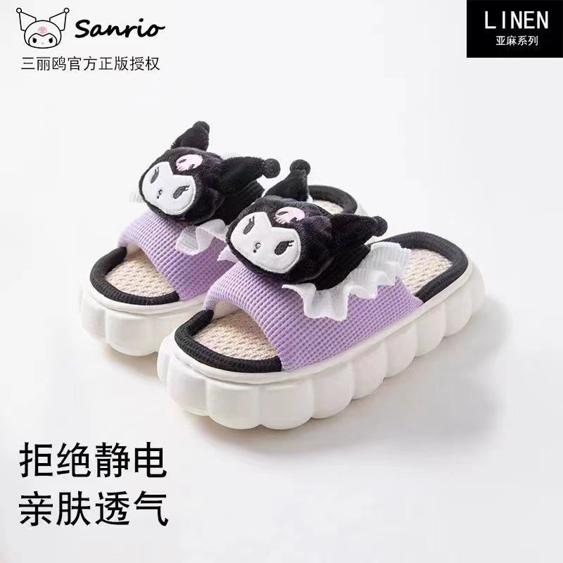 SANRIO Dép Đi Trong Nhà Vải Lanh Dày Dặn Thoáng Khí Họa Tiết Hoạt Hình Dễ Thương Cho Nữ