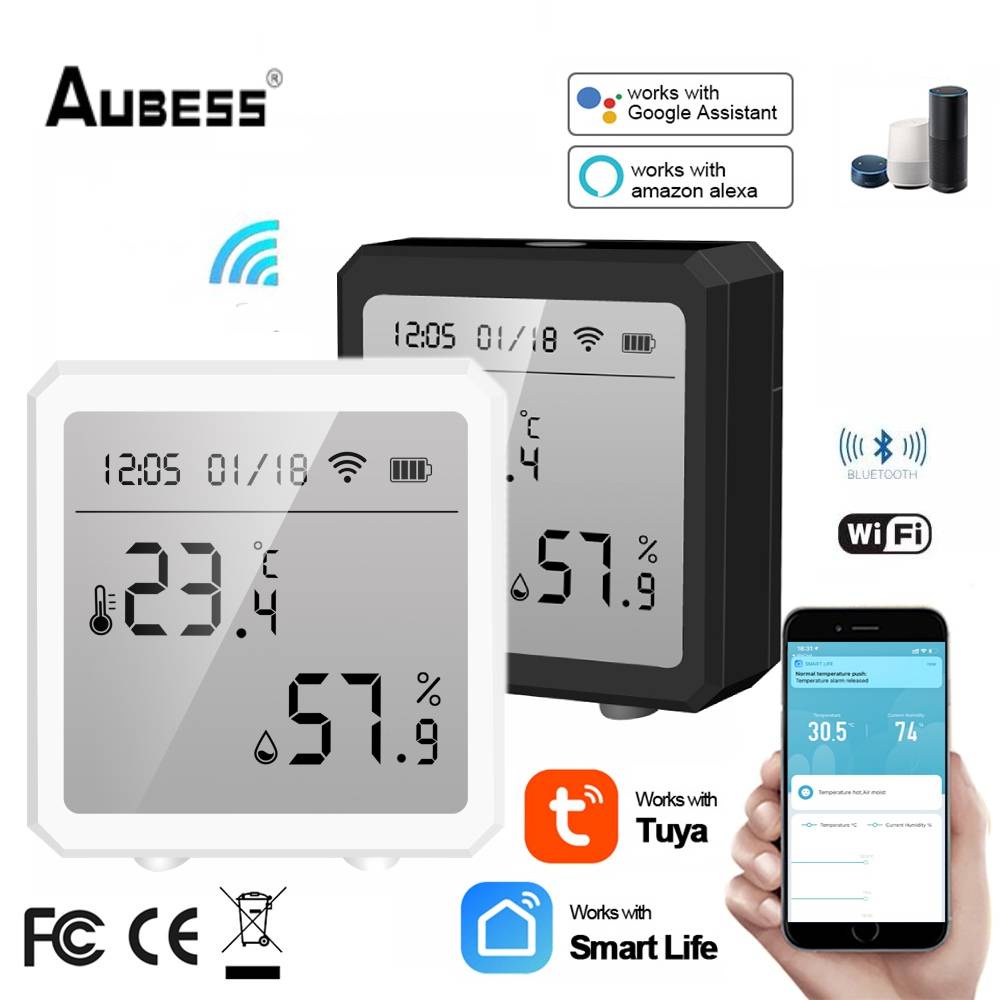 Thiết Bị Cảm Biến Nhiệt Độ Và Độ Ẩm Không Dây Thông Minh Aubess Tuya Với Màn Hình LCD Kỹ Thuật Số Cho Alexa Google Home