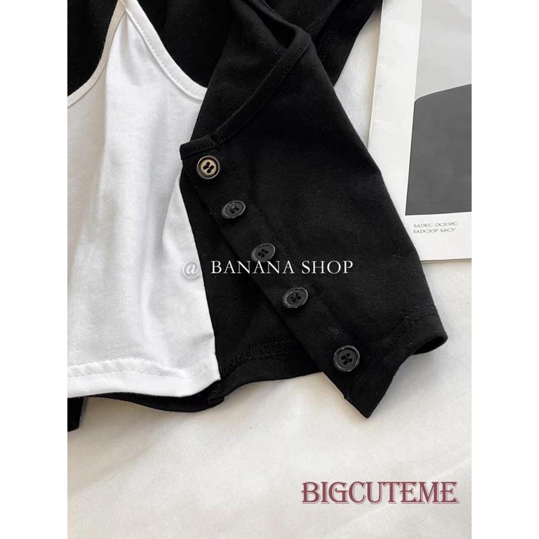 Áo Thun Lửng Ngắn Tay Cổ Chữ U Giả Hai Lớp Màu Sắc Tương Phản Thời Trang Cho Nữ