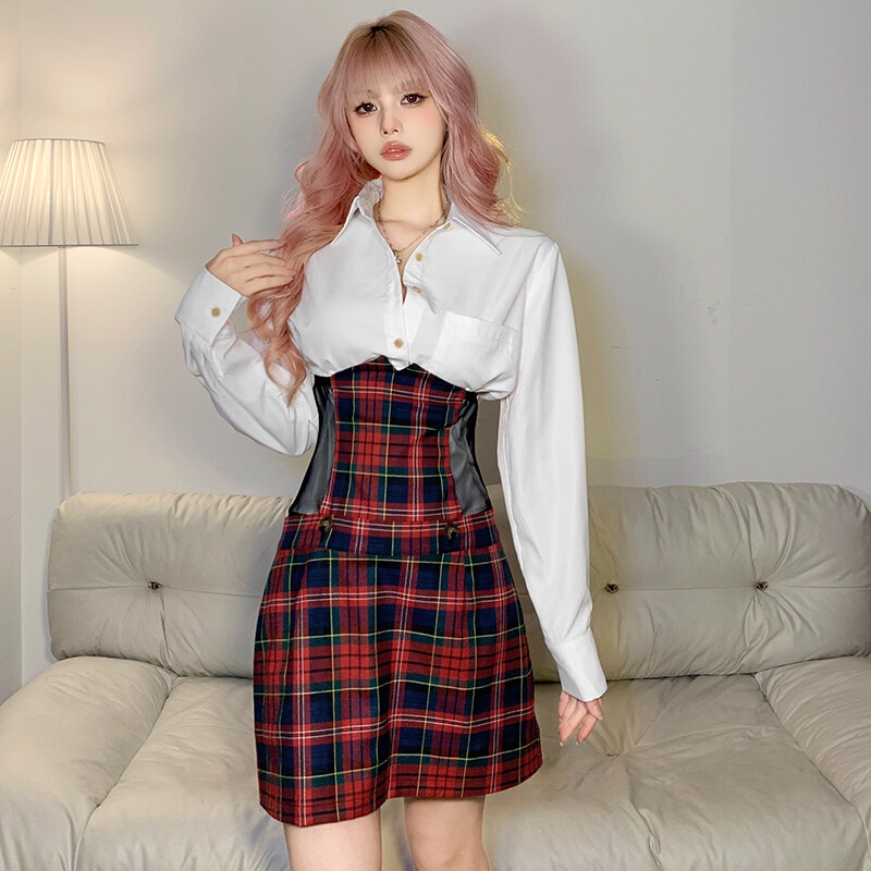 Klalien Set Áo Sơ Mi Dài Tay Cổ Điển + Chân Váy mini Mỏng In Họa Tiết Kẻ Sọc Thời Trang Cho Nữ