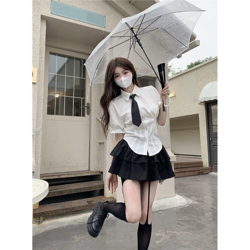 Áo sơ mi COZOK tay ngắn cổ polo thắt nơ ôm dáng thời trang