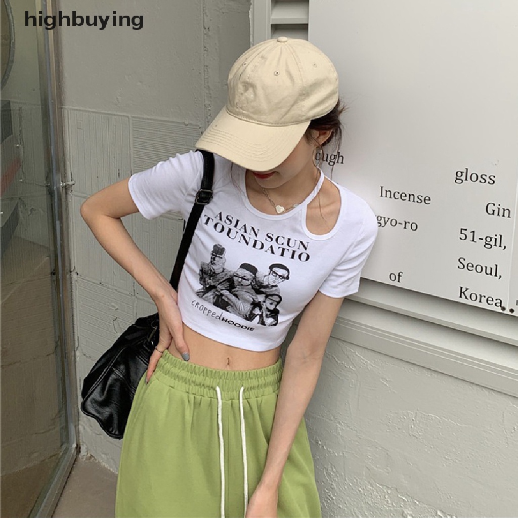 Áo Thun Lửng Ngắn Tay Cổ Tròn In Họa Tiết Phong Cách Retro Mỹ Cho Nữ