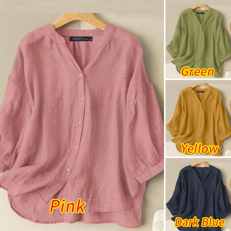 Áo sơ mi ZANZEA tay lửng cổ chữ V dễ phối đồ thời trang Hàn Quốc cho nữ