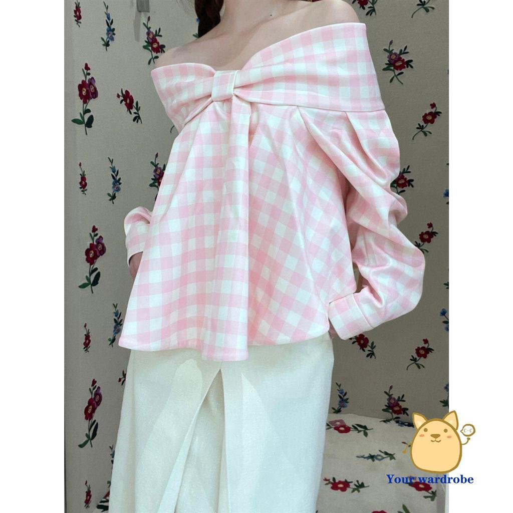 One Áo Sơ Mi Ca Rô Trễ Vai Thắt Nơ Xinh Xắn Theo Phong Cách Mùa Xuân 2023