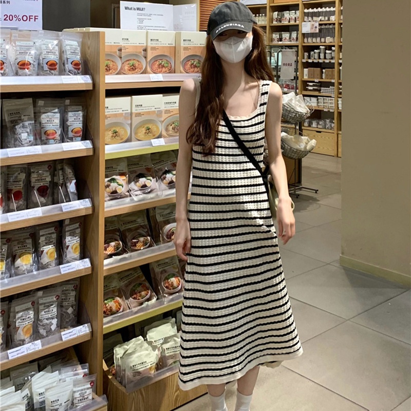 IELGY   Đầm Dệt Kim Dáng Chữ h Họa Tiết Kẻ Sọc Màu Sắc Phong Cách Hàn Quốc Thời Trang Cho Nữ