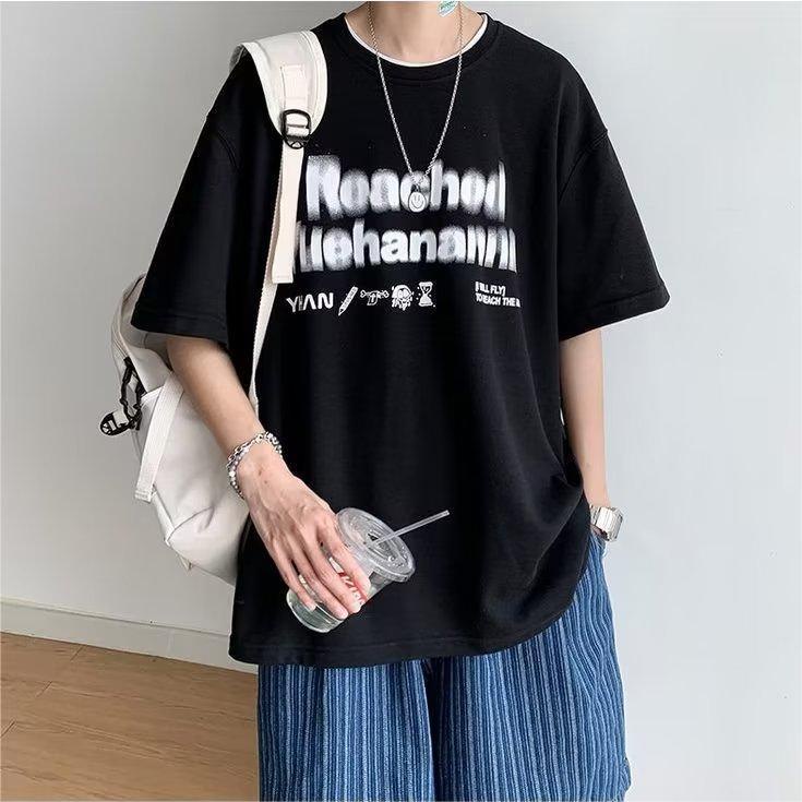 Áo Thun Tay Ngắn Dáng Rộng In Hình Đơn Giản Trẻ Trung Hợp Thời Trang Hè Cho Nam