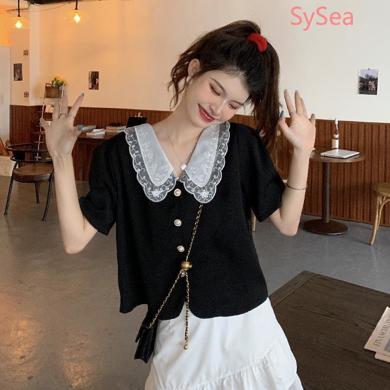 Plus Áo Sơ Mi Ngắn Tay Cổ Búp Bê Kèm Quần Ngắn Thiết Kế Thời Trang Pháp Cho Nữ