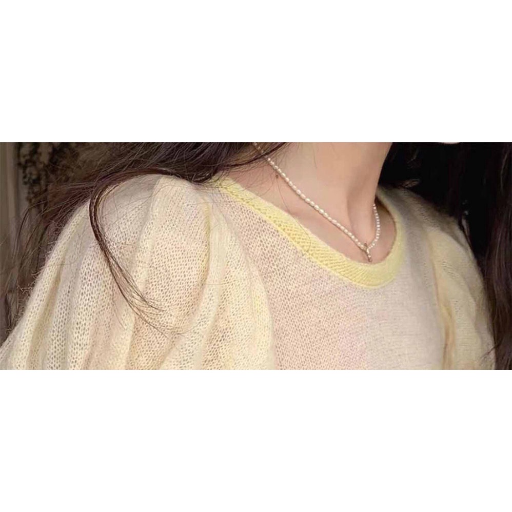 Áo Dệt Kim Tay Ngắn Phồng Màu Vàng Phong Cách Pháp Thời Trang Mùa Xuân 2023 Mới Cho Nữ