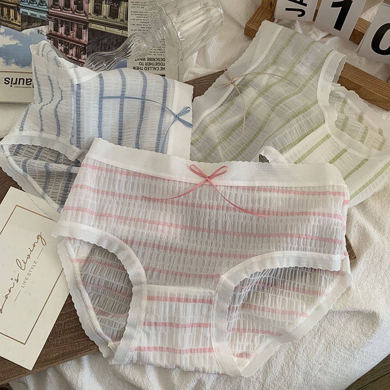 Quần lót ren TAKETALK mềm mại co giãn thoáng khí họa tiết sọc cầu vồng tương phản phong cách Nhật Bản cho nữ
