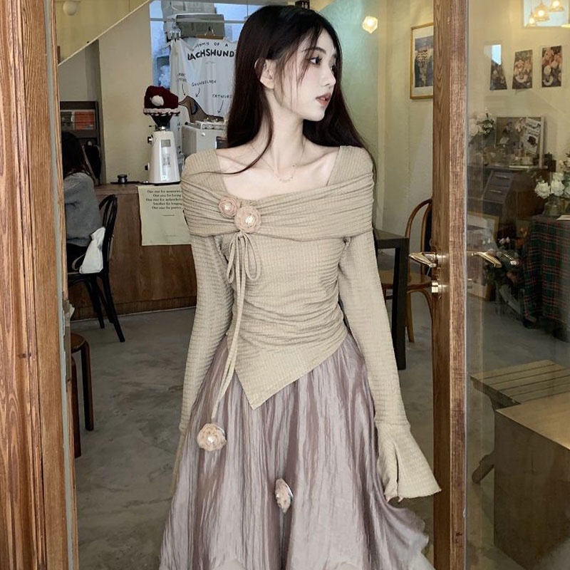 HUIZUMEI Áo Khoác Dáng Dài Phối Chân Váy Dài Lệch Tà Kiểu Phương Tây Cao Cấp Cho Nữ