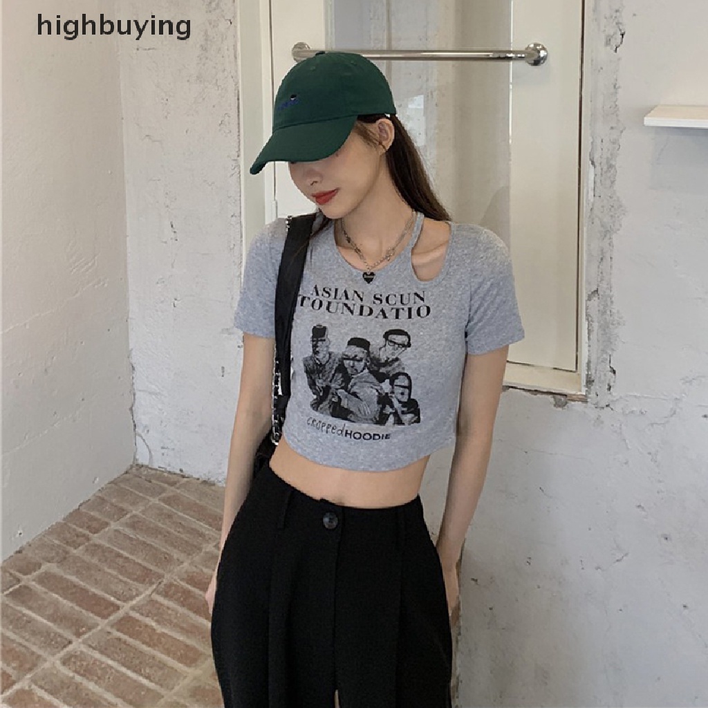 Áo Thun Lửng Ngắn Tay Cổ Tròn In Họa Tiết Phong Cách Retro Mỹ Cho Nữ