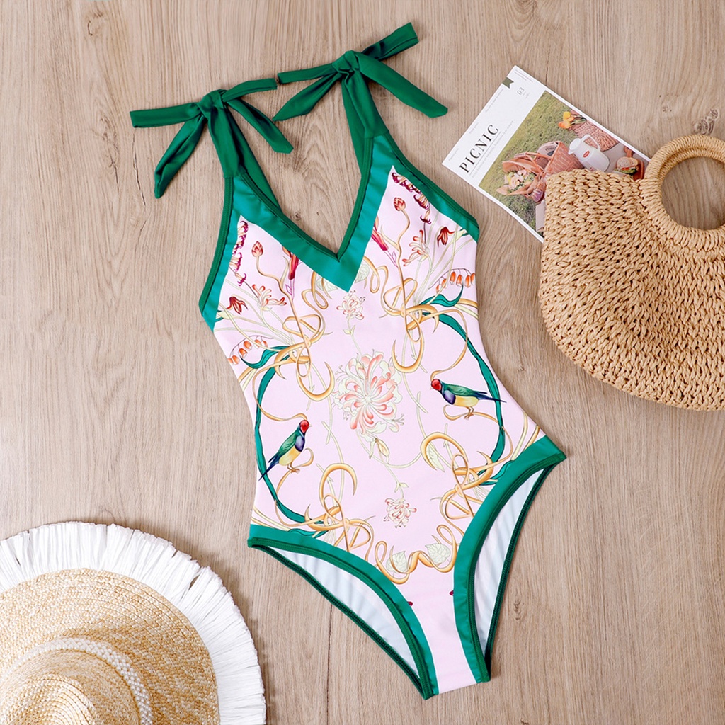 Váy Bơi Thể Thao Ôm Dáng Không Tay Cổ Chữ V Khoét Sâu Cột Dây In Họa Tiết Hoa Khô Thoáng Nhanh Cho Nữ