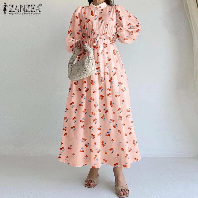 Đầm maxi ZANZEA dáng chữ A tay dài phồng in họa tiết hoa thời trang thanh lịch cho nữ