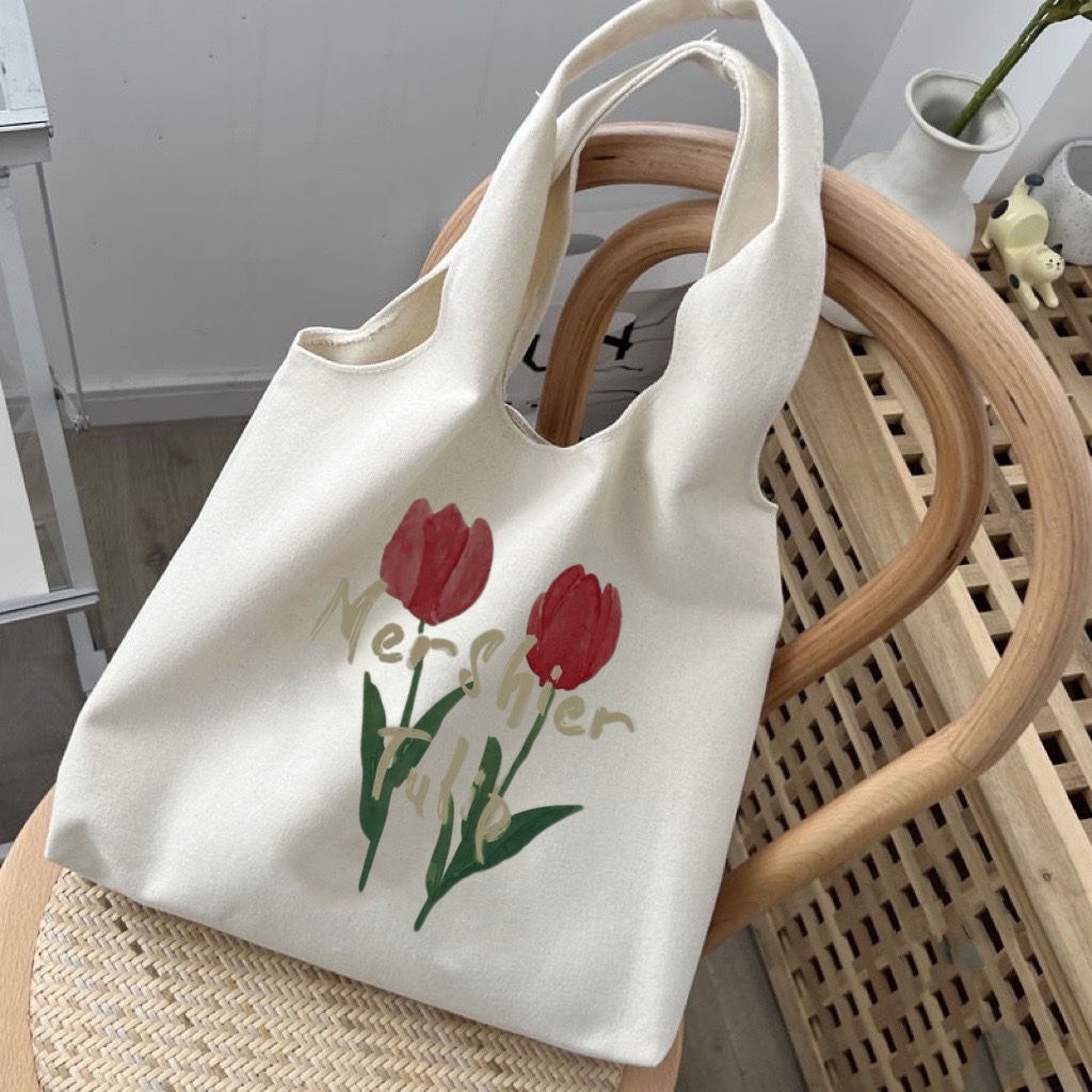 Túi Tote Vải Canvas Đi Học Cành Hoa TULIP Phong Cách Hàn Quốc MTT0336