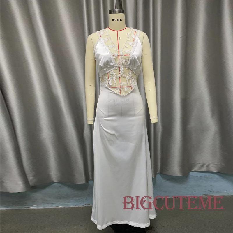 [] Đầm Midi Dài Không Tay Cổ Chữ V Phối Ren Màu Trắng Đen Mùa Hè Cho Nữ